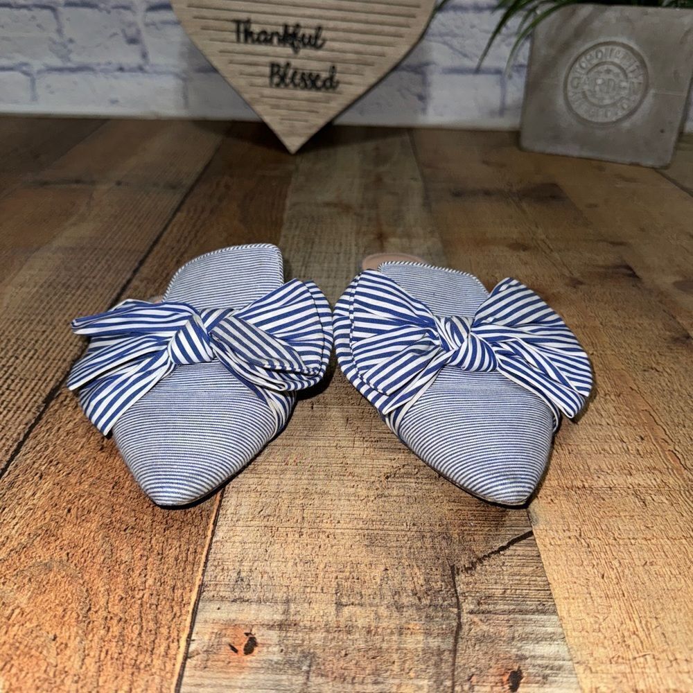 J.Crew Pointed Toe Mixed Stripe Bow Slides Blue White Mules Flats Fabric 7.5 - Picture 5 of 12